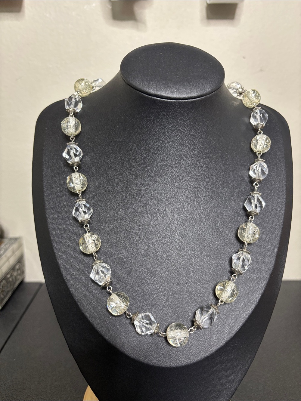 Vintage Confetti & Clear Glass Crystal Bead Necklace Statement Retro Silver Tone